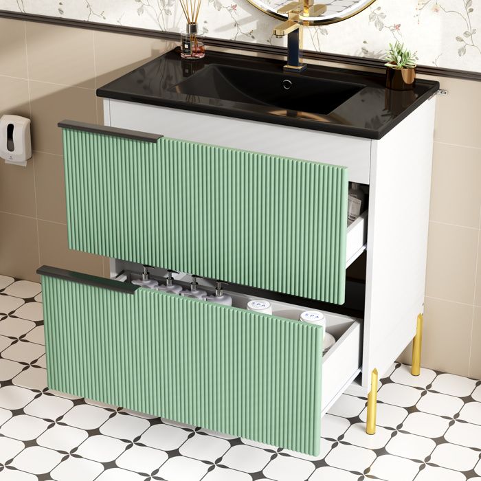 Meuble sous lavabo de salle de bain avec vasque céramique tiroirs MDF vert rangement debout