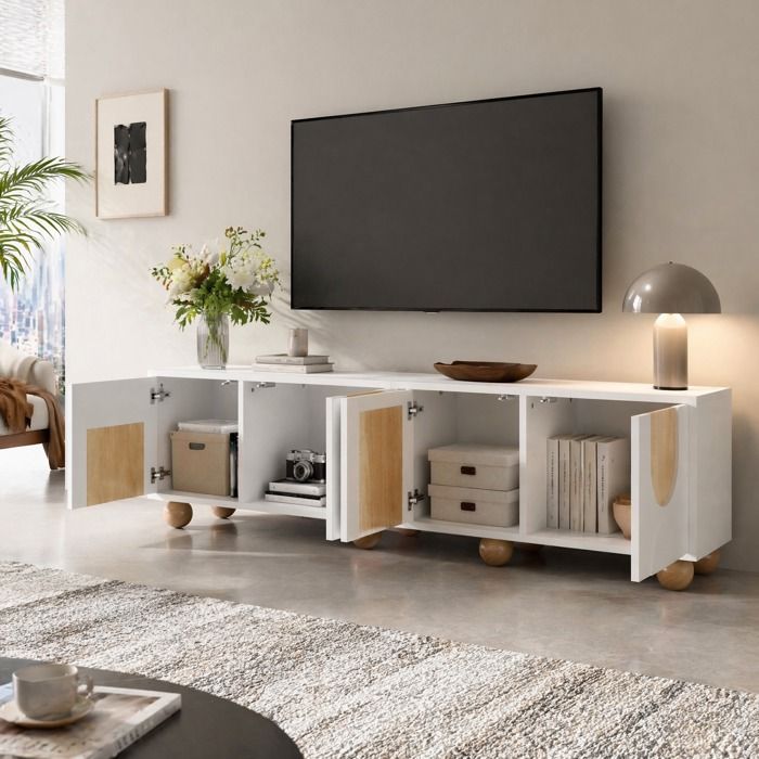 Meuble TV 4 portes - Blanc et naturel - MDF/panneaux de particules - 175 cm - moderne