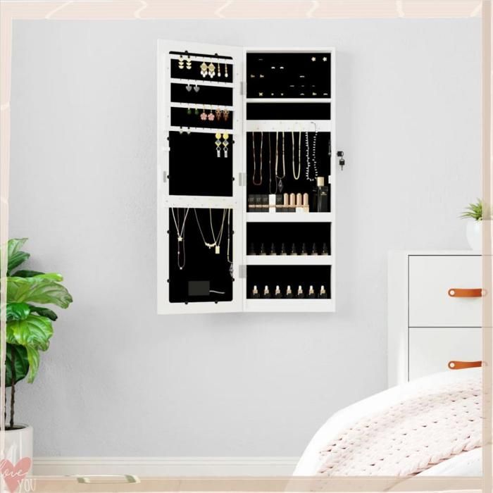 Armoire à bijoux avec miroir - VINGVO - 353250 - Blanc - Éclairage LED - Porte verrouillable