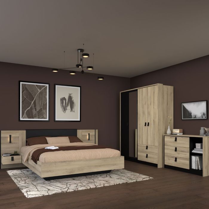 Chambre complète lit 160x200 avec 2 chevets suspendus 1 armoire 3P et 1 commode - ELOUAN Chambre complète lit 160x200 avec 2 chevets suspendus 1 armoire 3P et 1 commode - ELOUAN