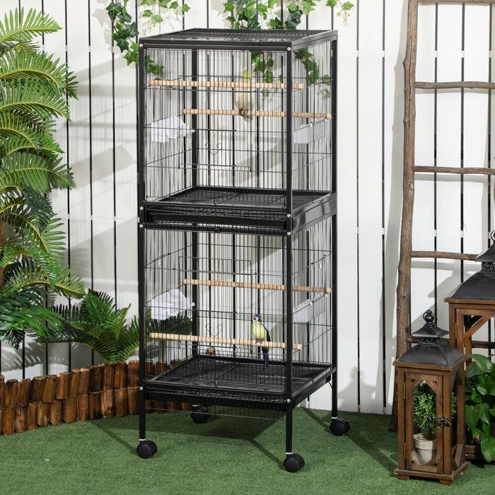 Cage à oiseaux 2 niveaux 515 x 50 x 140 cm noir avec roulettes plateaux amovibles portes mangeoires et perchoirs