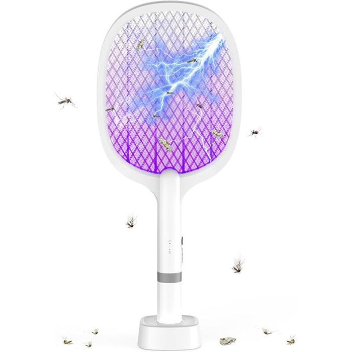 Raquette Electrique Insectes 5000V 2000 mAh Extra puissante Tapette à Mouches électrique avec Base Recharge USB C 2 en 1 Tapette