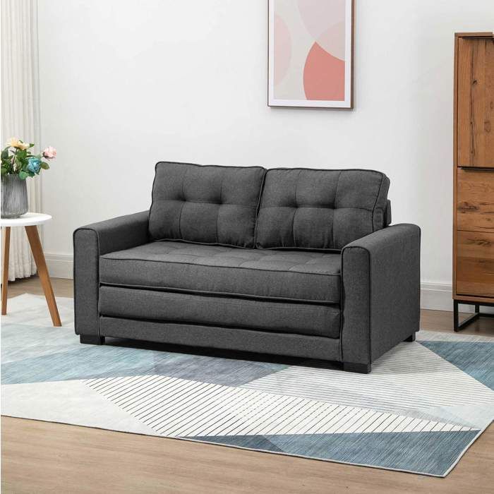 Canapé-lit convertible 2 places gris aspect lin polyester et bois massif 1475 x 75 x 85 cm