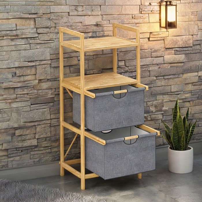 Meuble de tri de linge salle de bain en bambou finition naturelle 2 paniers 35 4 L