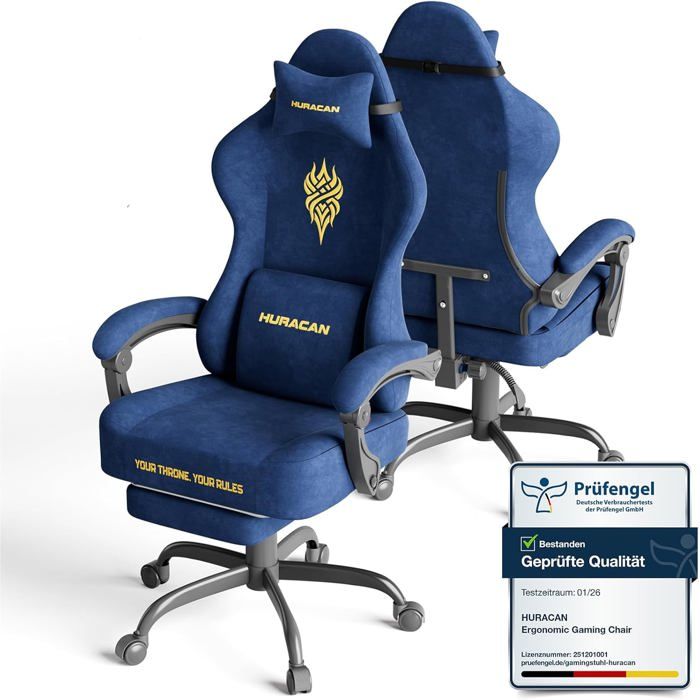 Chaise Gaming velours charge 150kg dossier inclinable 90-135° accoudoirs synchronisés et repose-pieds-Bleu foncé