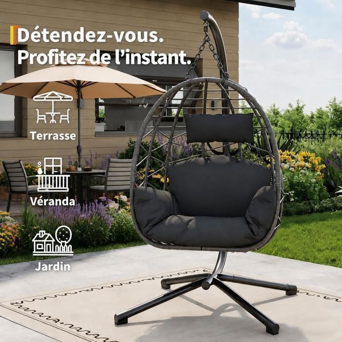 Fauteuil œuf suspendu - balancelle pliante avec coussin et support repos - métal corde - 108x100x192cm - Gris