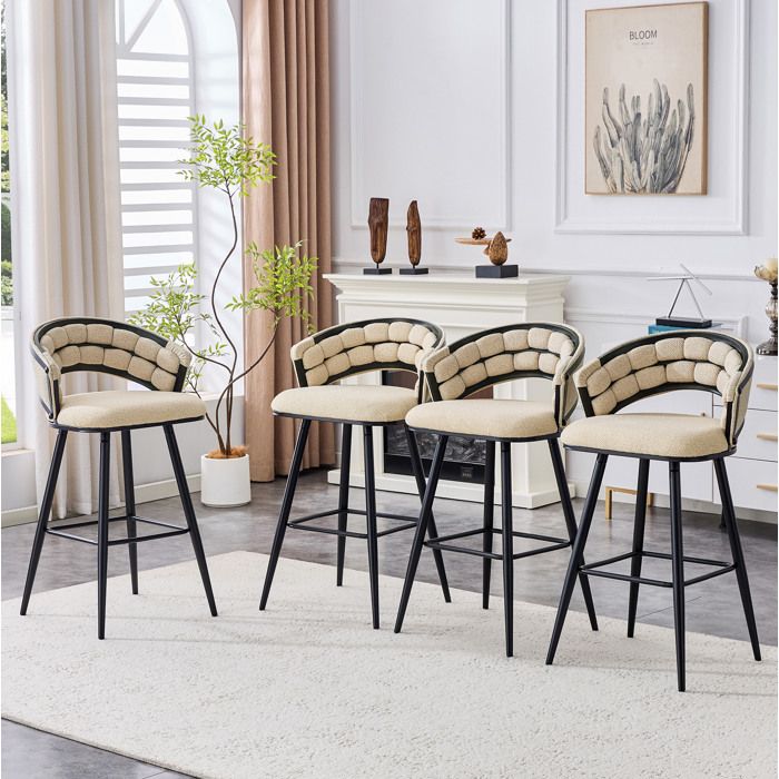 WOVREO Lot de 4 tabourets de bar en velours beige avec pieds en métal noir dossier tressé et repose-pieds