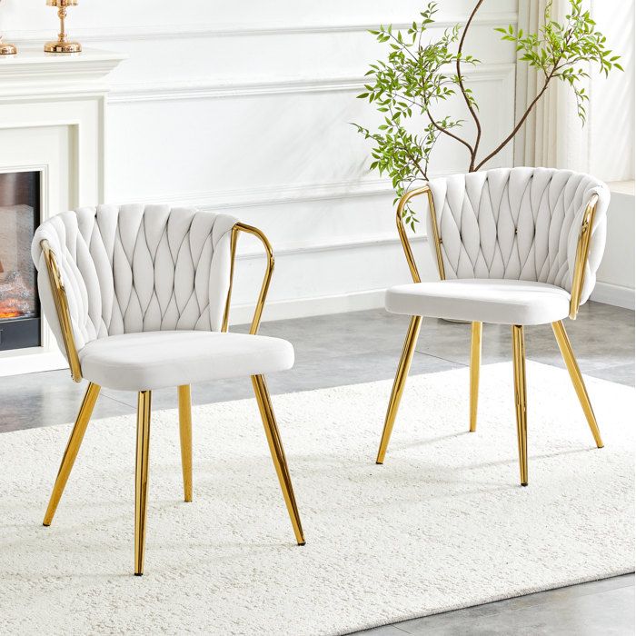 Chaises de Salle à Manger Lot de 2 avec Dossier Tressé et Accoudoirs - ELVMI - Velours Pieds Métal Doré Beige