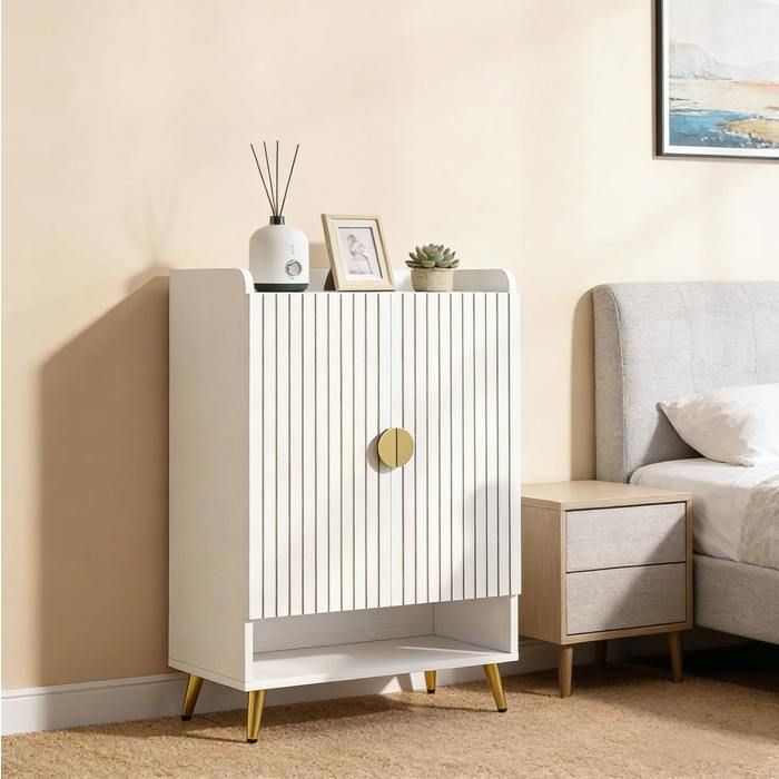 Meuble à Chaussures 1 Porte Niche Ouverte et Étagère Réglable - ELVMI - Blanc et Or pour Entrée 75×37×110 cm