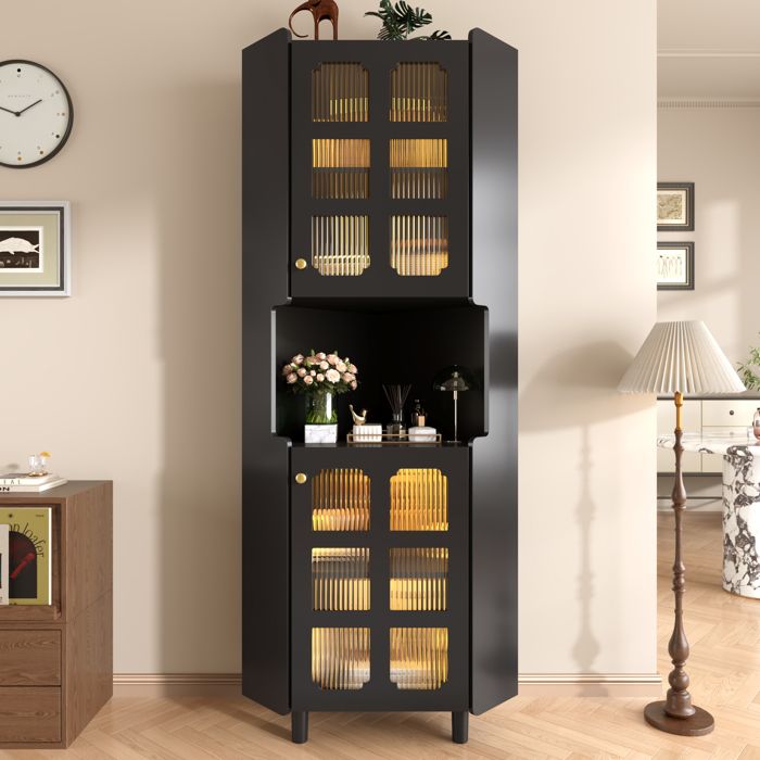 Meuble dangle LED 635x1575 cm 2 portes vitrées niche ouverte 10 couleurs pilotable par appli MDF noir laqué