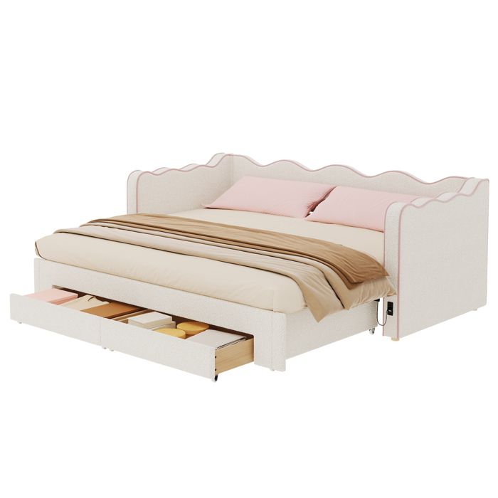 Lit Banquette Lit Simple 2 Places avec 2 Tiroirs USB et Type-C 90×200 cm et 180×200 cm sans Matelas