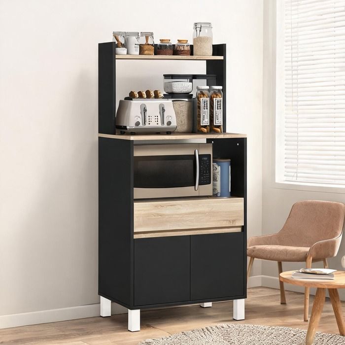 Meuble micro-ondes noir et chêne 60x40x131 cm rangement compartiment tiroir placard