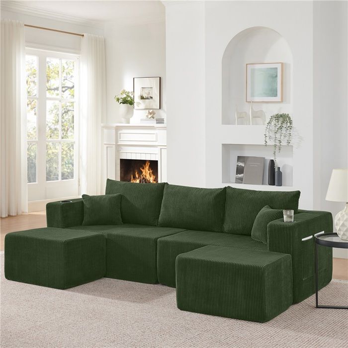 Canapé sectionnel en L 3 places avec ottoman amovible revêtement en velours côtelé accoudoirs avec porte-gobelets et poche Canapé sectionnel en L 3 places avec ottoman amovible revêtement en velours côtelé accoudoirs avec porte-gobelets et poche
