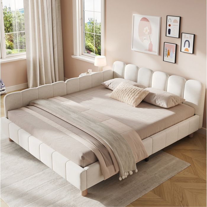 COVREO Lit enfant 140 x 190 cm sommier à lattes tête de lit capitonnée barrière de sécurité velours beige