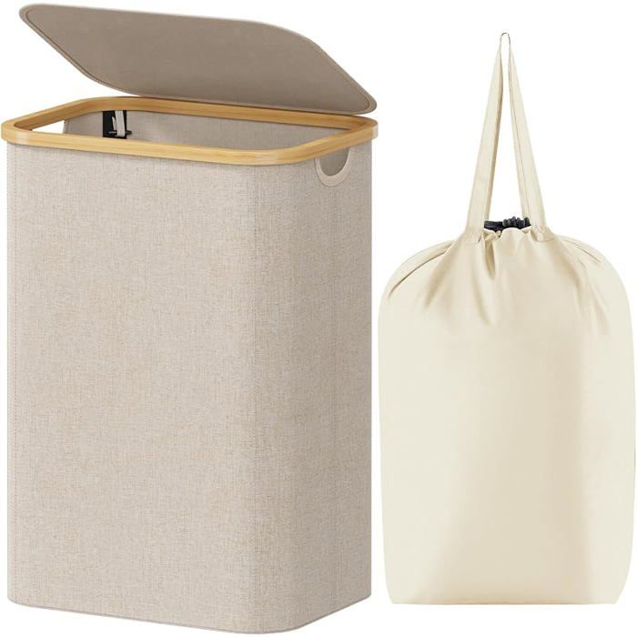 Foldable laundry basket bamboo with lid inner bag for bedroom bathroom 80L PANIER A LINGE