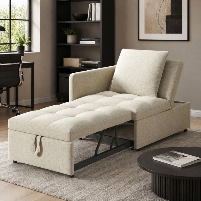 Canapé Convertible 3 En 1 avec Dossier Réglable 5 Positions - BEAUNIV - Tissu en Lin Coussin Inclus - Beige