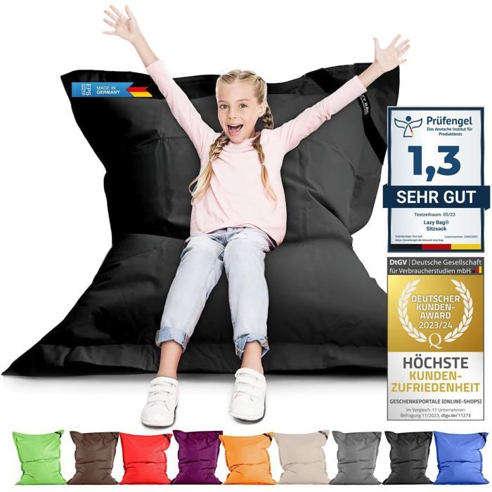 LAZY BAG Pouf Géant Original 250L Intérieur & Extérieur Coussin de Siège Fauteuil pour Enfants & Adultes Noir 160x120 cm