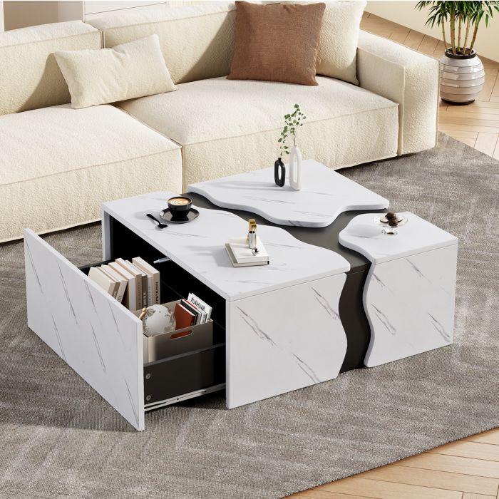 MEULVA Table basse de salon 70 x 70 x 31 cm design géométrique 1 tiroir aspect marbre blanc