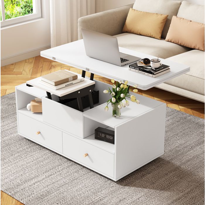 Table basse relevable extensible AESVAR 4 tiroirs MDF blanc 100 x 50 cm avec roulettes