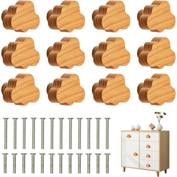 Lot de 12 boutons de placard en forme de nuage en bois de hêtre pour armoires commodes penderies armoires