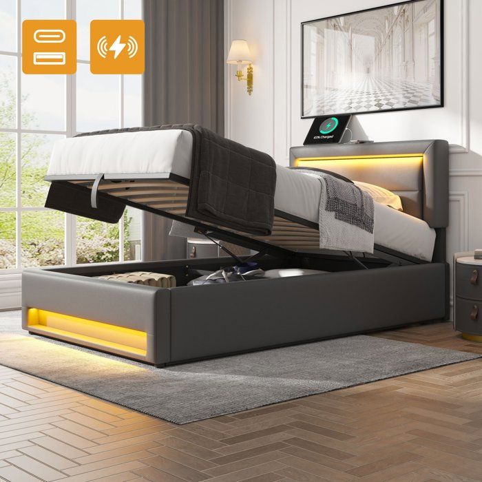 Lit coffre 90x190 gris en PU litchi avec LED USB et sommier à lattes structure rembourrée sans matelas
