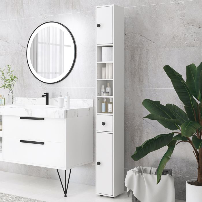 Meuble d’appoint salle de bain 20 x 20 x 180 cm blanc 1 tiroir 5 étagères 2 placards charge 30 kg