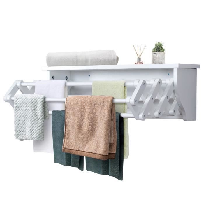 Porte Serviettes Mural Extensible En Accordéon En Bois De Pin Et Mdf Blanc Avec 10 Tiges à Linge Pour Buanderie Salle De Bains