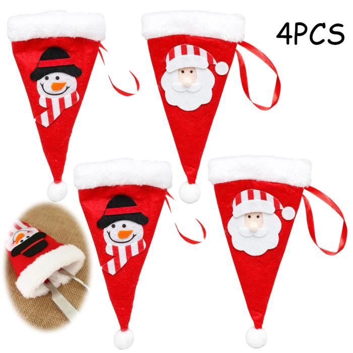 Porte-couverts - Noël - Chapeau de Père Noël - 4 pièces - Rouge et Blanc - Tissu non tissé