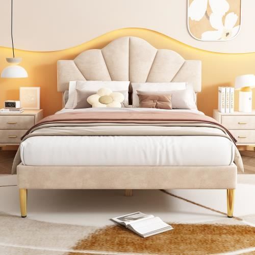 lit double, velours, lit rembourré, 140*190, lit en forme de coquille avec pieds en fer doré, tête de lit réglable en hauteur, beige