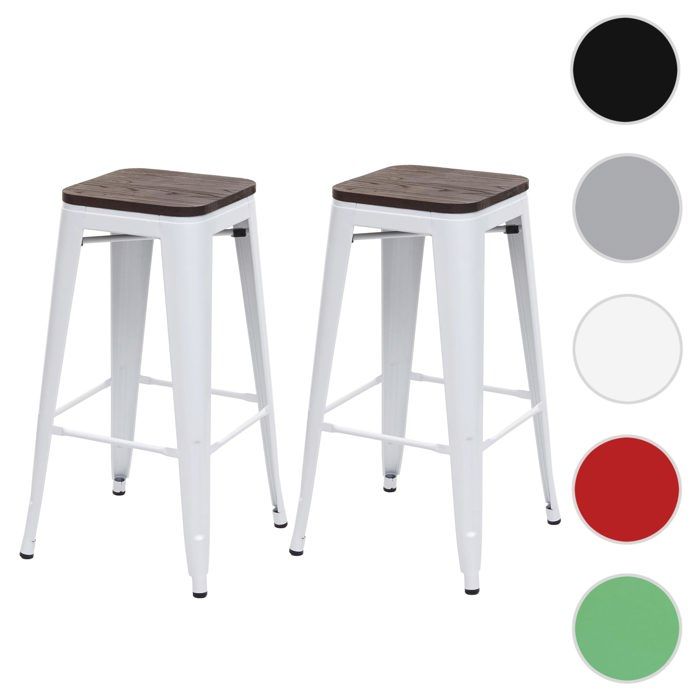 2x Tabouret de bar HWC-A73 avec siège en bois métal style industriel  ~ blanc