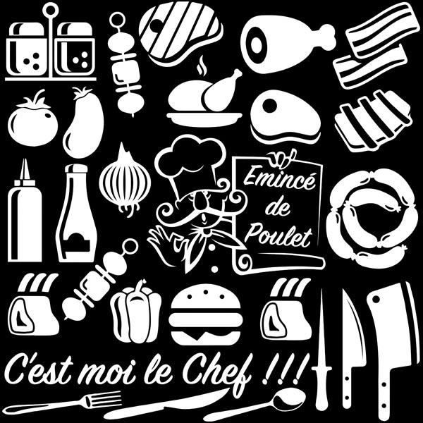 Sticker Planche Cuisine du Chef Aliments, Ustensiles (50x50 cm) BLANC CUIS107