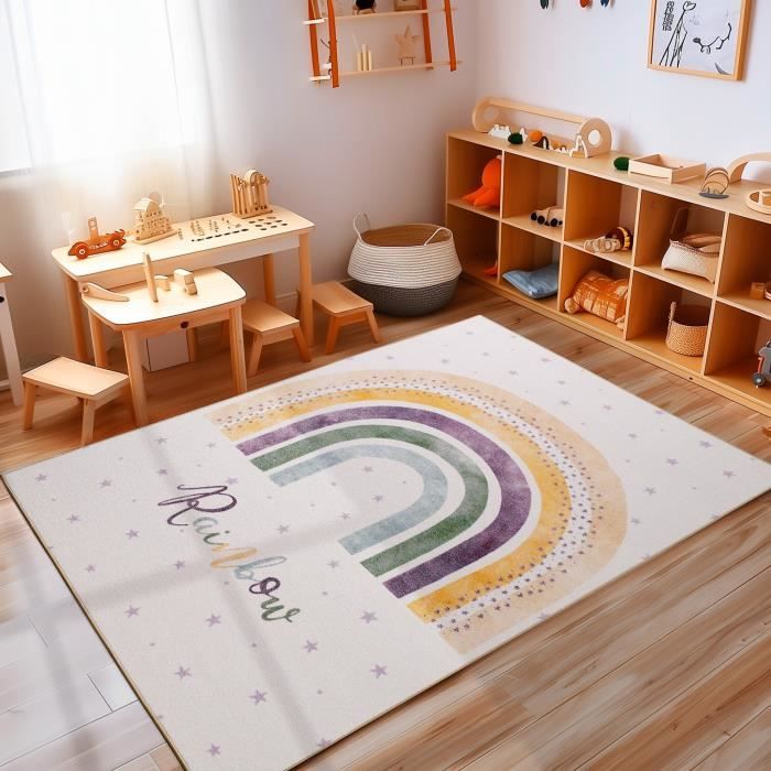 Tapis De Chambre D’enfant - Motifs Arc-en-ciel, Cœurs, Nuages - Durable Et Doux - Taille 120x170 Cm - Adapté Au Chauffage Au Sol Et Hypoallergénique
