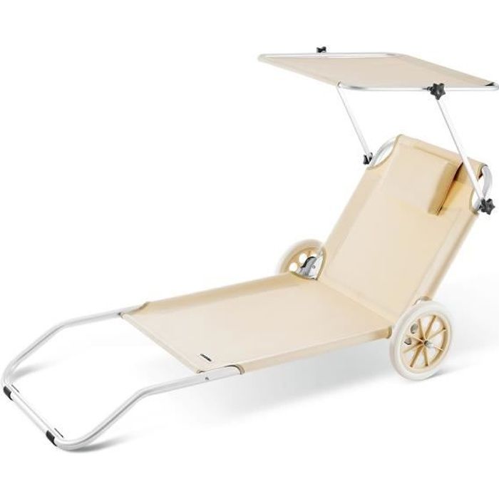 Casaria Chaise longue "Crête" de plage Beige transat pliable chariot de transport avec pare soleil réglable camping