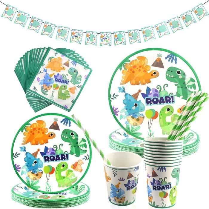 Kit Vaisselle Jetable Dinosaure 24 Pièces - Assiettes, Gobelets, Serviettes - Thème Jungle Safari Pour Anniversaire Enfant