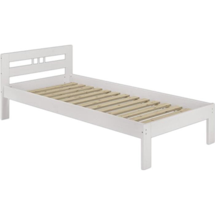 Lit simple en pin massif blanc 90x190 jolie tête de lit avec sommier à lattes 60.64-09-190W Lit simple en pin massif blanc 90x190 jolie tête de lit avec sommier à lattes 60.64-09-190W