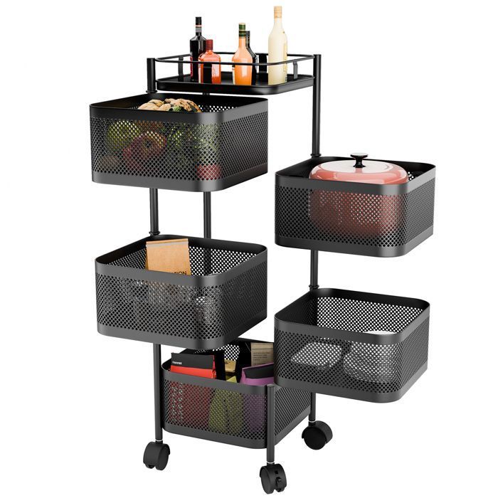 Chariot De Rangement 4 Paniers Rotatifs Avec Roues - Blanc - 33x33x77 Cm - Pour Cuisine, Salon Ou Chambre - Sans Montage - 12