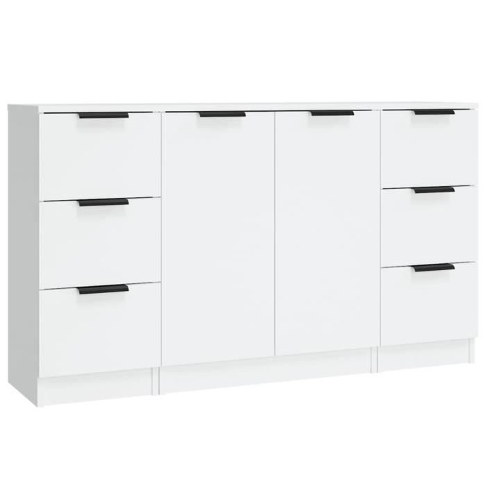 Buffet bas - GAROSA - 3 pièces - Bois dingénierie - Blanc - 2 portes et 3 tiroirs