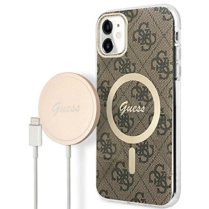 Guess Bundle Pack MagSafe 4G Ensemble coque pour iPhone 11 + chargeur MagSafe Or 3666339103385