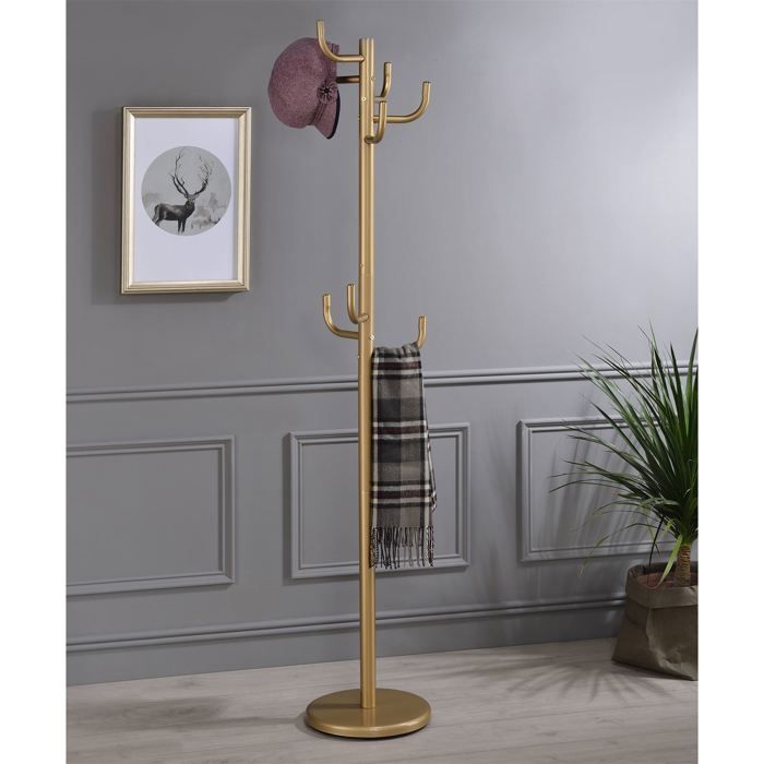Porte-manteaux MILA portant pour vêtements sur pied hauteur 174 cm socle rond et 8 crochets meuble dentrée en métal laqué or