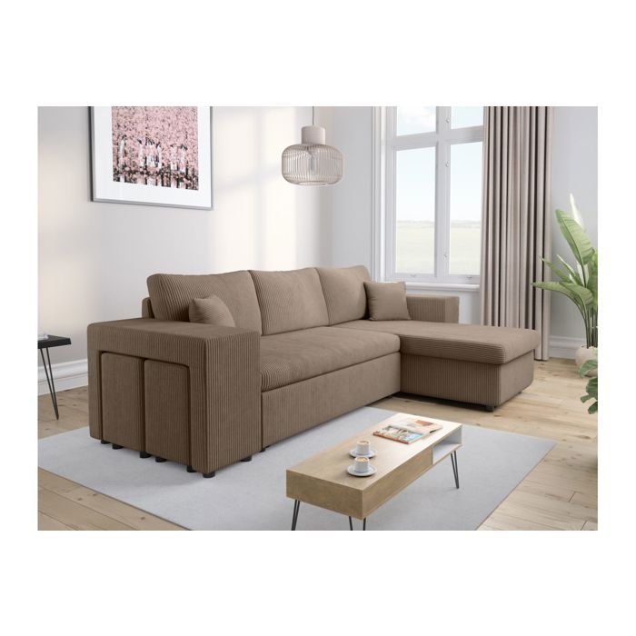Canapé dangle réversible MADY avec coffre rangement poufs à gauche en velours côtelé - Taupe - L254 x P146 x H81cm - LOUNGITUDE Canapé dangle réversible MADY avec coffre rangement poufs à gauche en velours côtelé - Taupe - L254 x P146 x H81cm - LOUNGITUDE