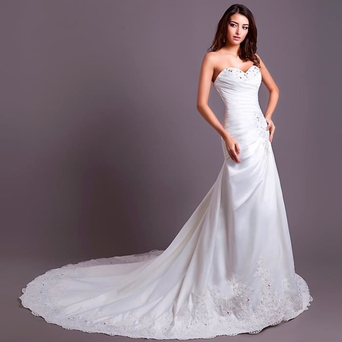 Robe De Mariée Mariage Soirée Longue Traîne Bustier En Cœur Sirène Satin Dentelle Avec Strass Paillette Luxueuse H