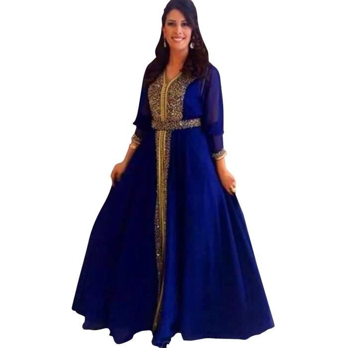 Bleu Royal Robe Longue De Soirée Cocktail Col V Manche Longue A Line Princesse Ruban De Strass Brillant Mousseline De Soie