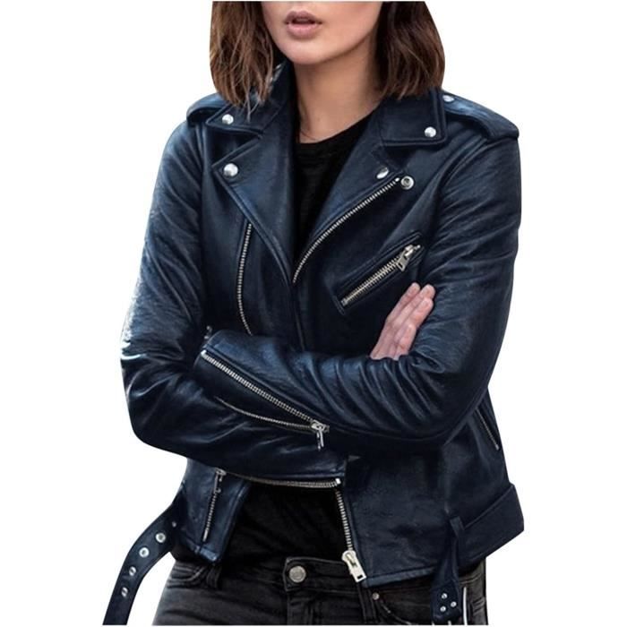 2023 Veste Cuir Femme Longue Veste Moto Femme Grande Taille PU Vintage Bombers Blouson De Motard Chic Et Elegant Manteau Manches Longues Chaud Casual Couleur Unie Léger Biker Jacket Automne Hiver