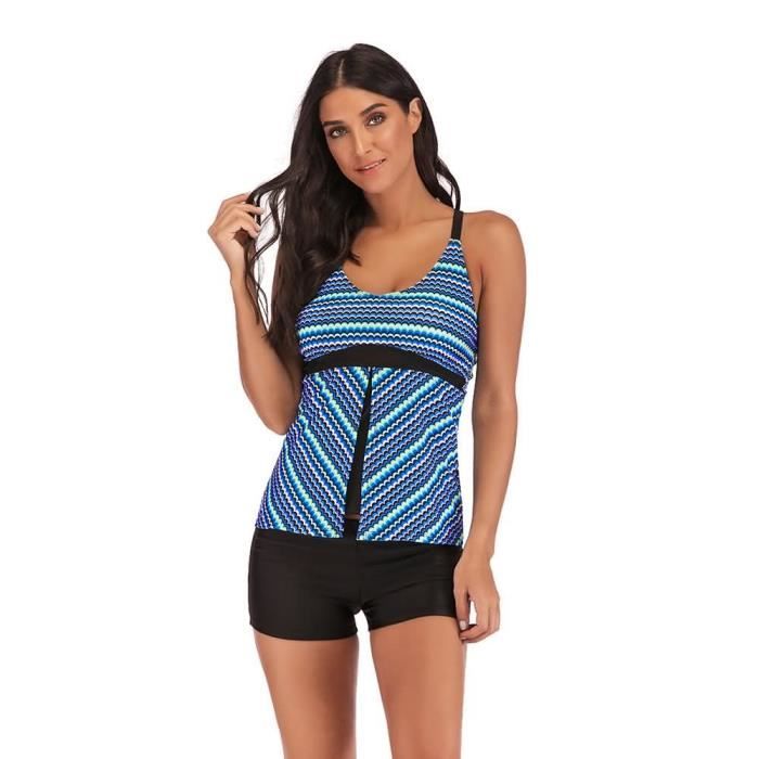 Beachsissi Tankini Maillot De Bain 2 Pièces Imprimé Rayé Taille Haute Contrôle Du Ventre