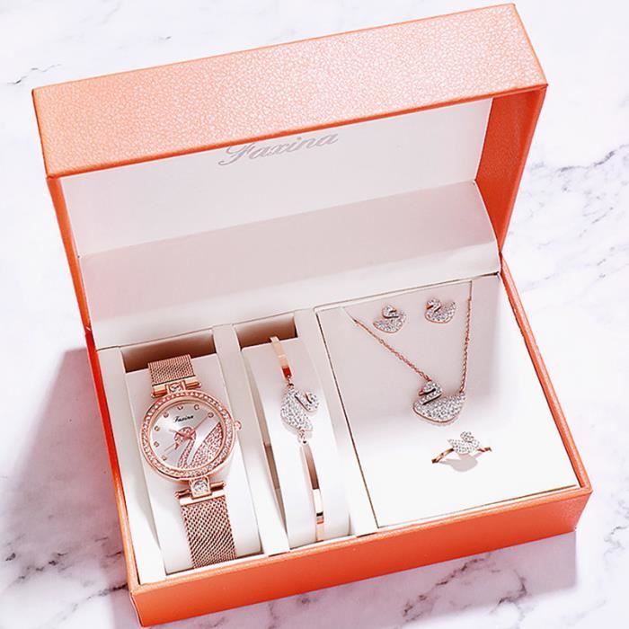 SHARPHY Coffret Bijoux Montre Femme & Bracelet & Collier & Anneau & Boucles d'oreilles - Cygne Quartz Etanche Accessoires Argent