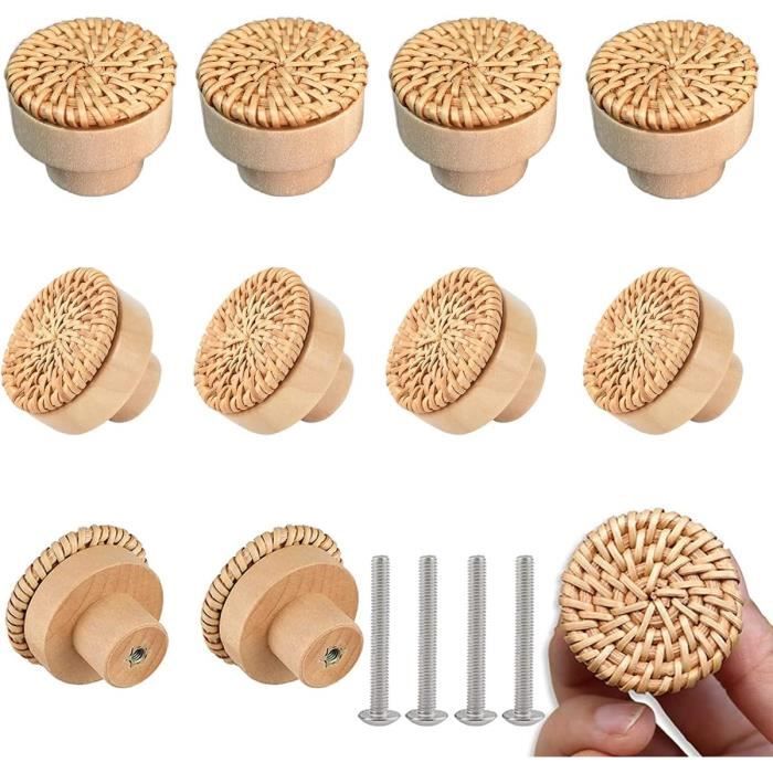 8 Poignées De Tiroir En Rotin Bohème - Diamètre 40 Mm, Hauteur 30 Mm - Boutons En Bois Et Rotin Tissé à La Main - Déco Rustique Pour Commode, Armoire - 4
