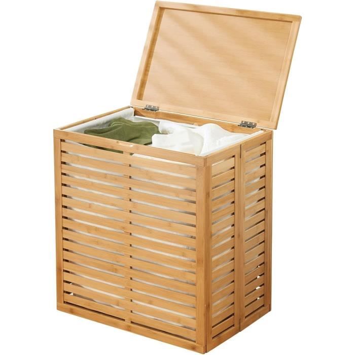 Panier à Linge En Bambou Naturel 62L Avec Couvercle Et Sac - Rangement Élégant Salle De Bain