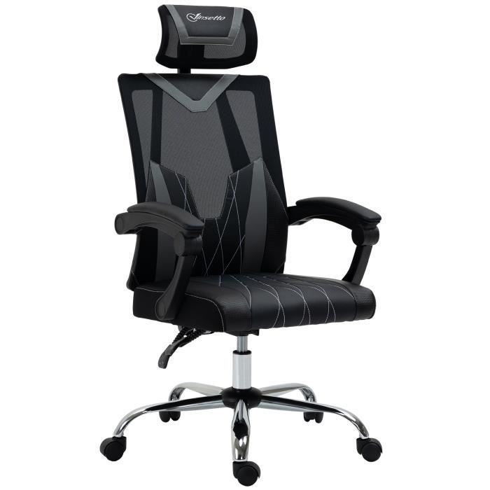 fauteuil de bureau manager inclinable réglable support lombaires tétière tissu maille polyester pu gris noir 58x50x120cm noir