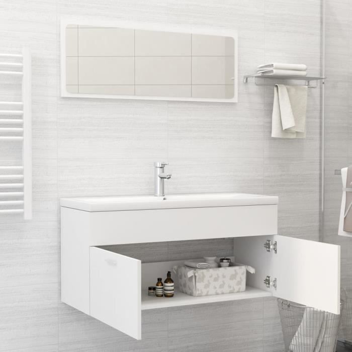 Ensemble Meuble Salle De Bain Blanc 3 Pièces – Vasque + Armoire Haute + Miroir – Rangement Élégant & Moderne