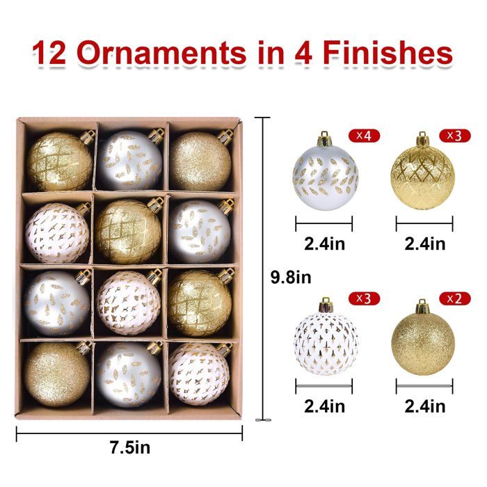 Lot De 12 Boules De Noël Vintage En Plastique - Or Et Blanc - Diamètre 8 Cm - Pour Sapin, Couronnes, Guirlandes